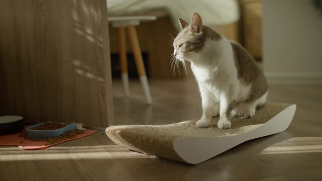 Cat Sitting on Scratching Board Indoors