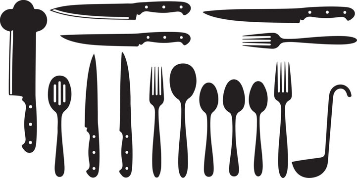 Collection of kitchen utensils and cutlery in black silhouette