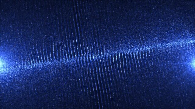 Blue glowing particle field forming a diagonal digital wave with texture and depth, creating a futuristic abstract technology background with motion.