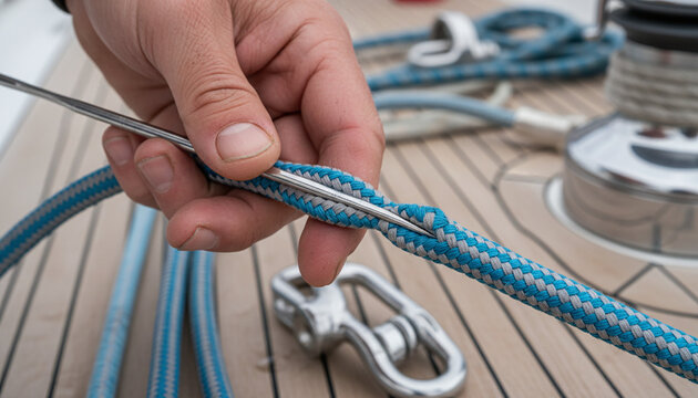 Rigger splicing high tech Dyneema sailing rope with metal fid tool