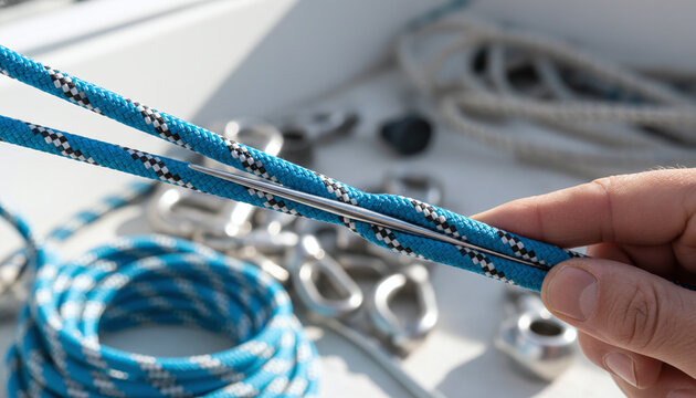 Rigger splicing high tech Dyneema sailing rope with metal fid tool