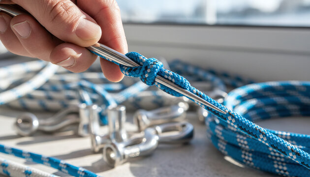 Rigger splicing high tech Dyneema sailing rope with metal fid tool