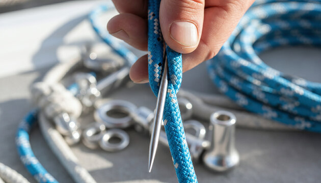 Rigger splicing high tech Dyneema sailing rope with metal fid tool