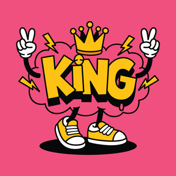 A cartoon illustration of the word king with a crown and peace sign hands.