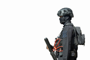 Naklejka premium Special forces personnel in full tactical gear against a white background. The personnel are seen wearing ballistic helmets, balaclavas, tactical vests with backpacks, and dark tactical fatigues.