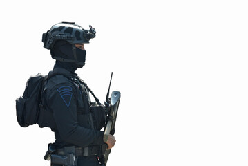 Fototapeta premium Special forces personnel in full tactical gear against a white background. The personnel are seen wearing ballistic helmets, balaclavas, tactical vests with backpacks, and dark tactical fatigues.
