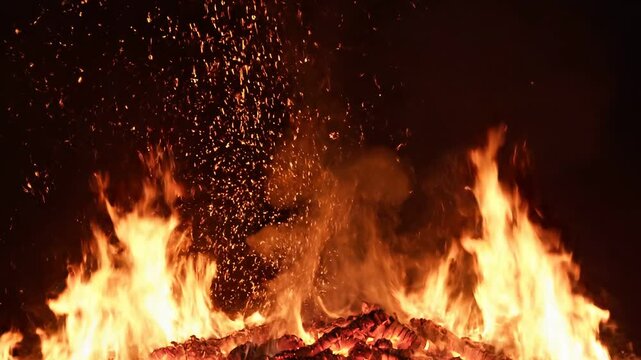 Blazing fire, flames at night, burning wood, sparks flying 4k Video