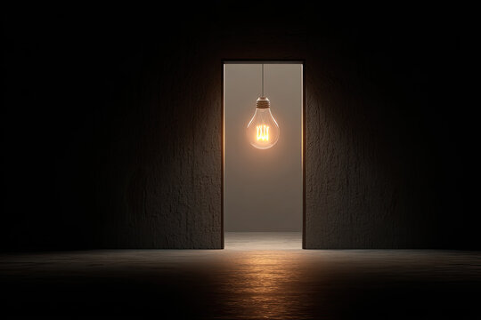 Glowing light bulb door in a dark minimalist space symbolizing creativity, innovation, and bright ideas. Concept of inspiration, technology, and new thinking in a modern setting.