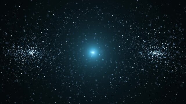 Blue glowing particles forming a symmetrical cosmic field with a bright center, creating a futuristic space background with depth and subtle motion.