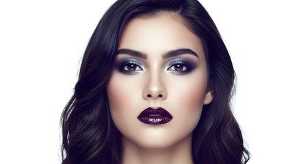 Fototapeta premium Beautiful Woman with Glamorous Makeup and Dark Hair, Isolated on White