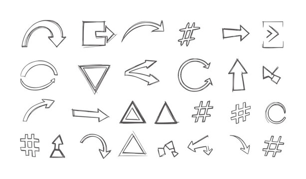 Hand drawn collection of arrows hashtags and geometric shapes in dark gray triangle