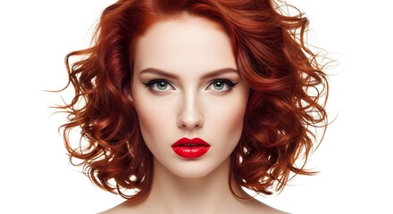Fototapeta premium Beautiful Woman with Red Hair and Red Lipstick on White Background