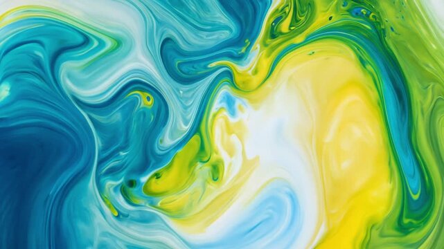 Colorful Abstract Swirl of Blue, Green, and Yellow Paints on Paper
