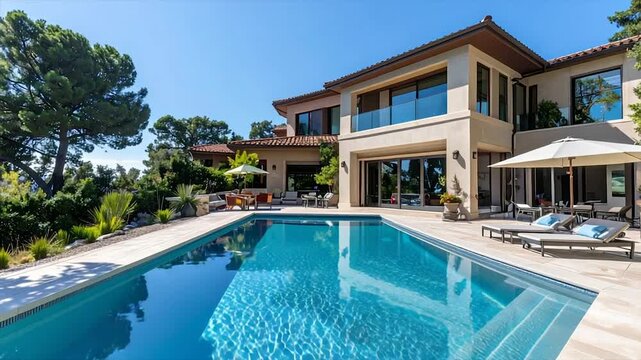 Luxurious home exterior with a pool, patio, and lush landscaping on a sunny day