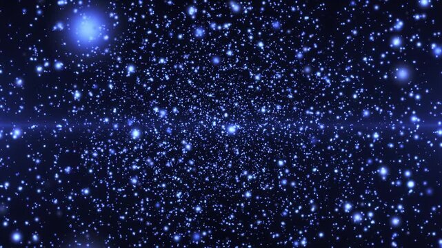 Blue glowing star field with dense particles and bright light clusters, creating a vibrant cosmic background with depth and dynamic space motion.