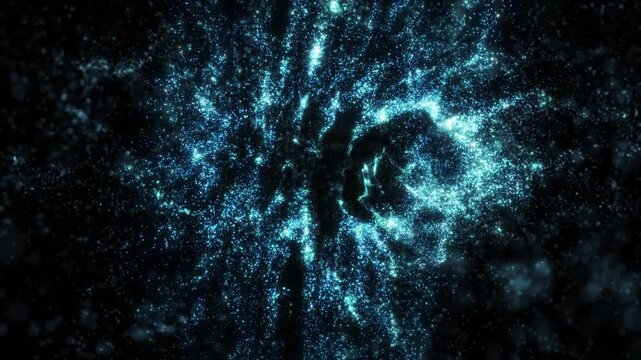 Blue glowing particles swirling into a vortex forming a dynamic cosmic energy field with depth and motion, creating a futuristic abstract background.