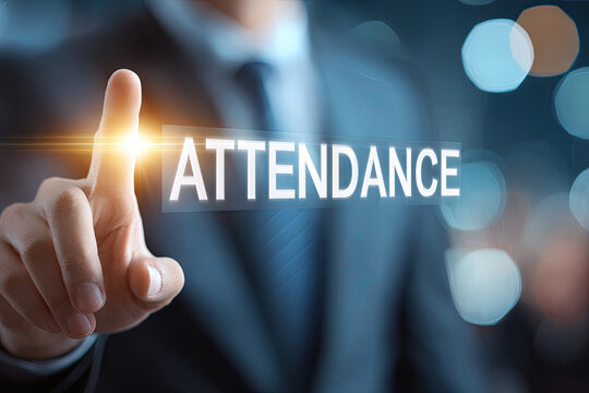 Business man working on virtual touch screen presses word ATTENDANCE. Attendance Management Business Education concept. Office software and user personal account 