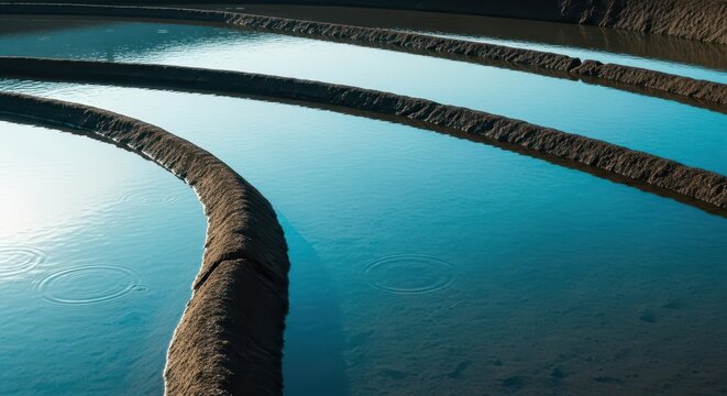 Clear, shallow water filling the terraced farming plot, creating a smooth, mirror-like surface critical for growing staple crops, serene, peaceful, clear