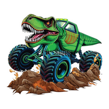 Monster truck with fierce dinosaur t-rex head on rugged terrain with splashes.