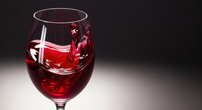 Deep crimson liquid swirls elegantly inside a crystal stemware glass, ready for a sophisticated tasting experience. The reflections are sharp, transparent, ruby, drink