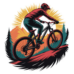 Fototapeta premium Mountain biker riding downhill on forest trail during sunset with scenic peaks.