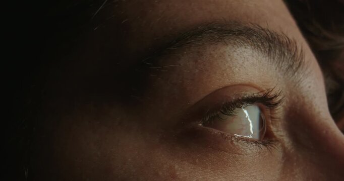A close up of a young woman face, with focus on brown eyes in dim light. Concept of optics and vision, eye health, the beauty and media industries, medical dermatology and a natural.