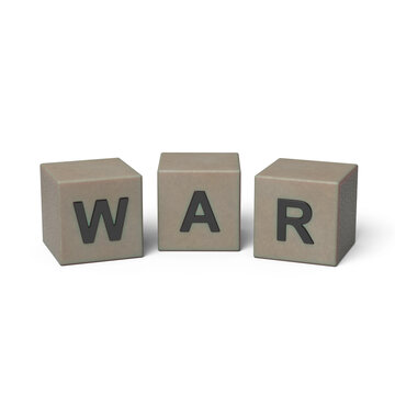 3D cubes with letters forming the word war on white background.