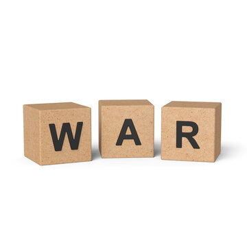 3D cubes with letters forming the word war on white background.