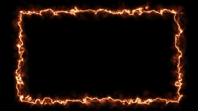 Fiery glowing frame with electric flame edges on a dark background, creating a dynamic energy border with heat, sparks and intense motion effect.
