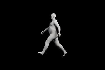 3D Fat Man walking Right Side View Matte Black Black