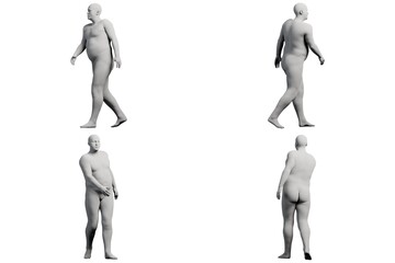 3D Fat Man walking 4-View Matte Black White