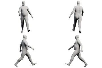 3D Fat Man walking 4-View Matte Black White
