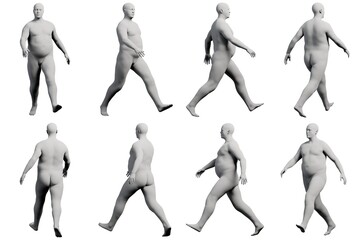 3D Fat Man walking 8-View Matte Black White
