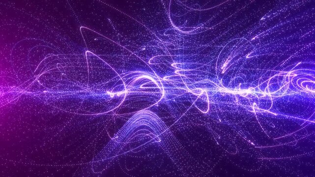 Purple glowing energy waves with particles and light trails forming a dynamic abstract plasma field with vibrant motion and futuristic feel.