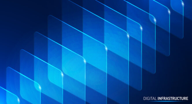 Abstract blue digital infrastructure. Layered transparent glass blocks create futuristic technology background. Isometric design for data network, cloud computing, AI, business. Clean system concept.