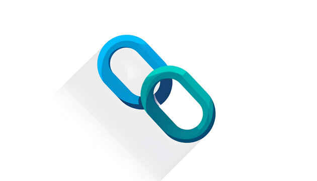 Linked 3D chain graphic blue and teal tones concept of connection white background