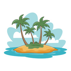 Obraz premium Simple cartoon island with three palm trees and green grass on sand illustration.