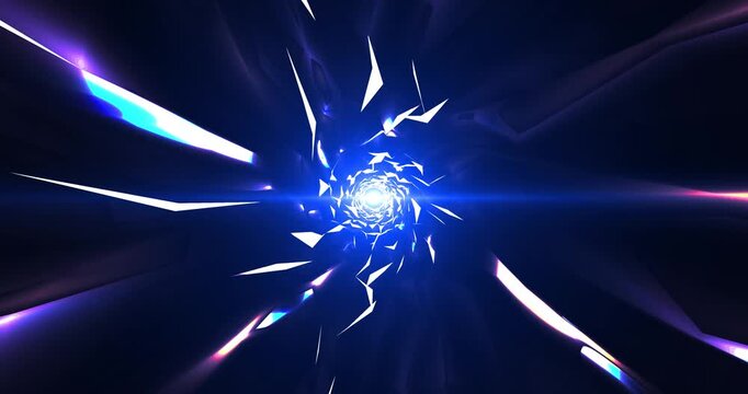 Blue glowing tunnel with sharp light shards converging into a bright core, creating a futuristic warp speed effect with dynamic motion and sci-fi energy.
