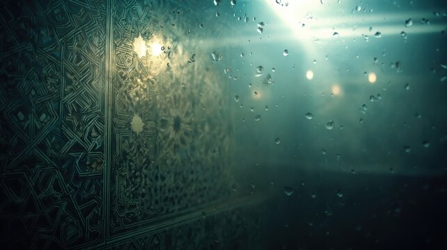 Raindrops on Ornate Textured Glass with Sunburst Light and Bokeh Background