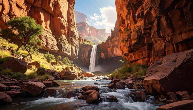 Powerful Red Canyon Landscape with Waterfall and River