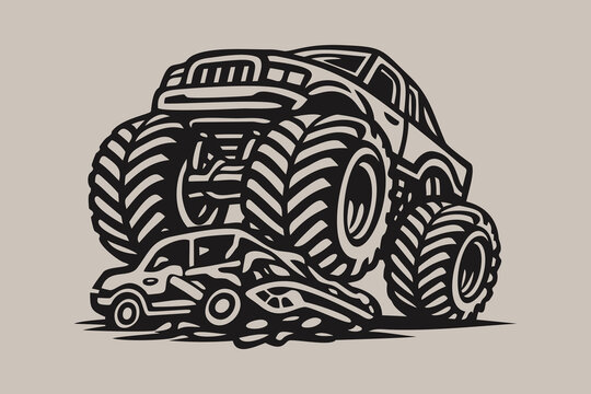 Monster Truck Crushing Car Woodcut Art