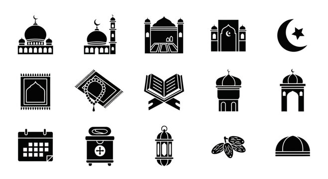 A grid of fifteen black silhouette icons related to Islamic culture and Ramadan