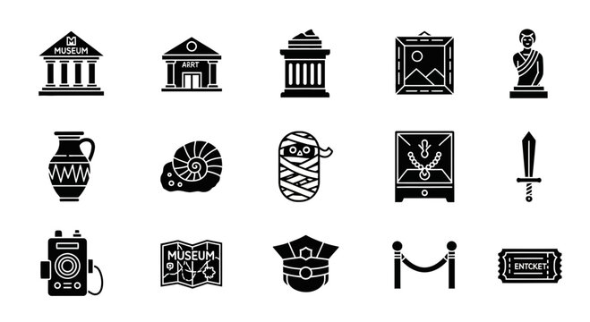 Collection of black and white museumthemed icons arranged in three rows