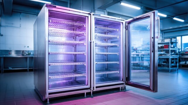 Industrial stainless steel refrigerator with doors open, showcasing empty shelves and interior lighting