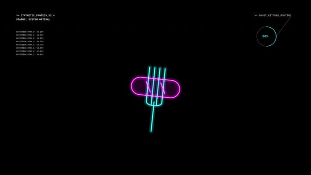 Futuristic interface displays synthetic protein data with neon fork symbol and glitch effect