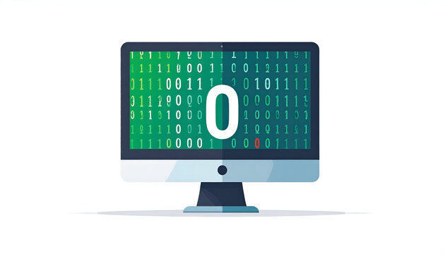 Zero on computer display showing binary code of ones and zeros in the screen