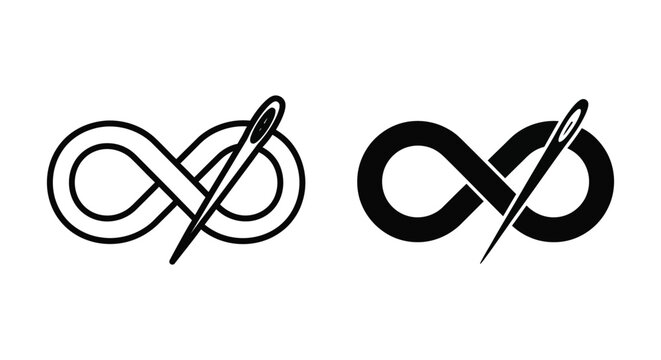 Infinity symbol with sewing needle, vector icon set, endless tailoring and stitching concept