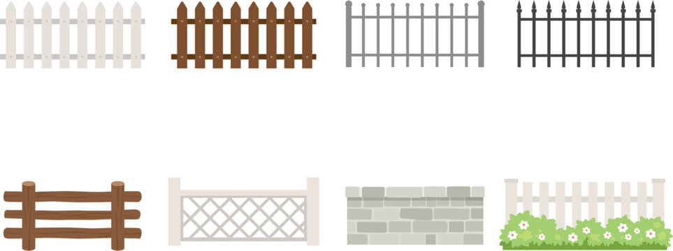 Flat fence vector set for garden and property boundary