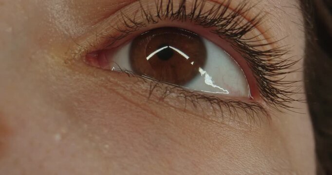 Macro shot of a brown women eye gazing upward. Concept of optics and vision, eye health, the beauty and media industries, medical dermatology and a natural, eco friendly lifestyle.
