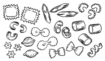 Obraz premium different types of pasta. vector illustration in doodle style